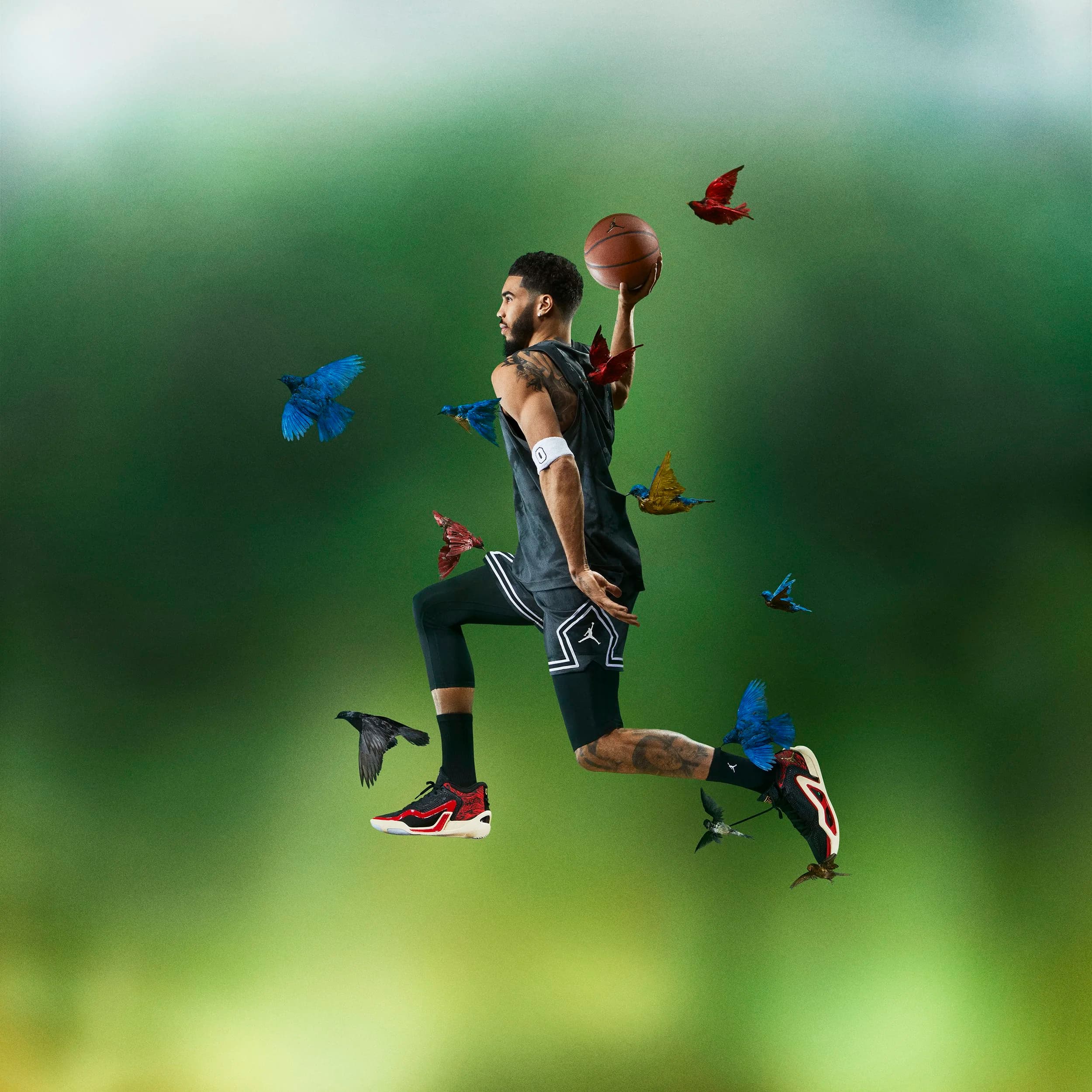 Basketball player in a Jordan uniform mid-dunk, with birds flying around him.